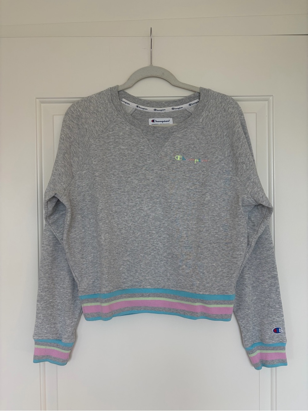 Champion Gray Crewneck Sweater with Pastel Blue, Pink & Mint Trim